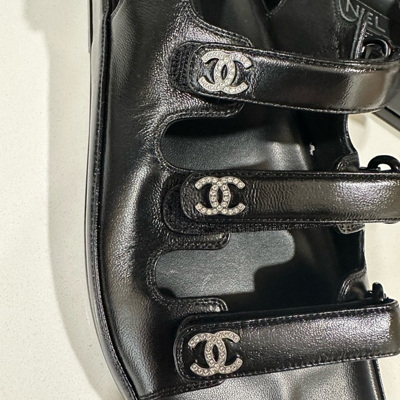 NEW Chanel Black Leather Slingback Dad Sandals with Silver Crystal Accents 37.5 - Picture 3 of 10